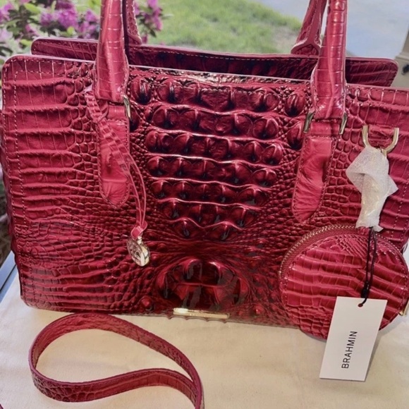 Brahmin Red Satchel with Crocodile Texture and Glossy Finish - Picture 2 of 9